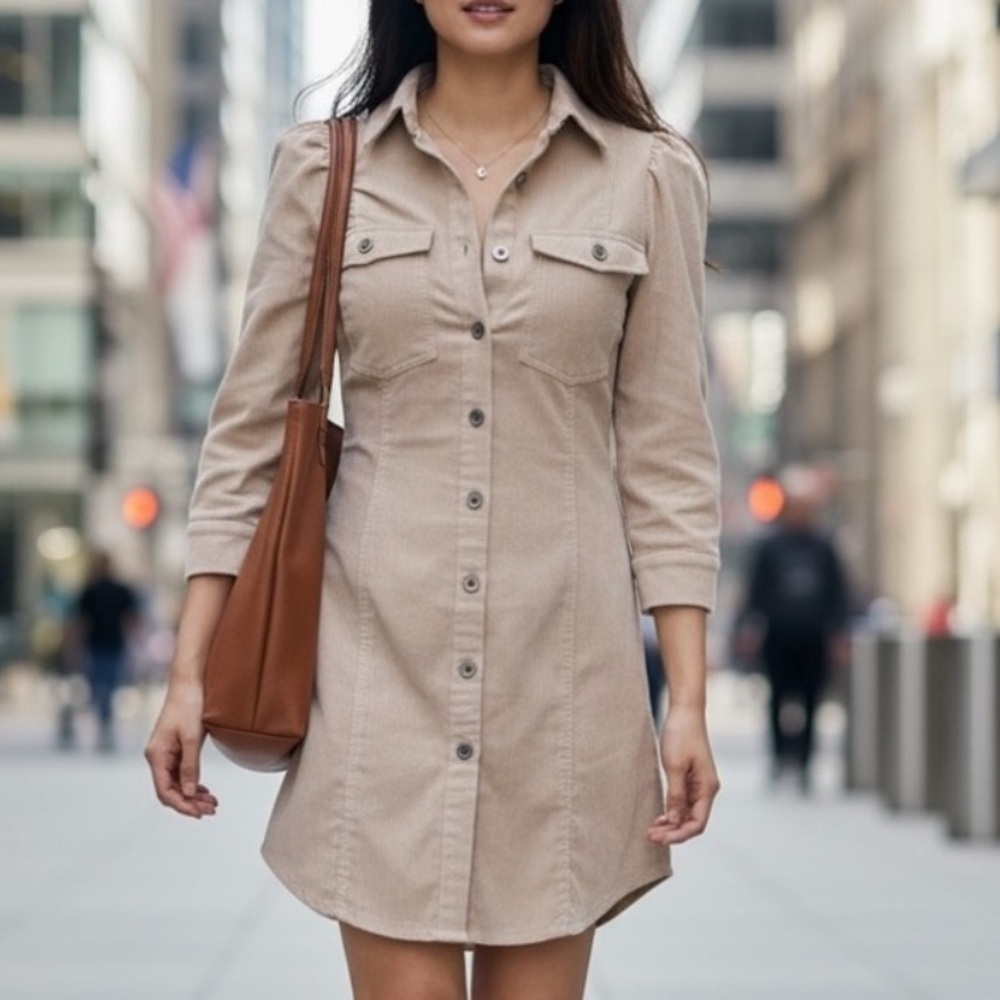FOREVER 21 TAN CORDUROY BUTTON DOWN CASUAL WESTERN COWBOY MINI DRESS SIZE SM
